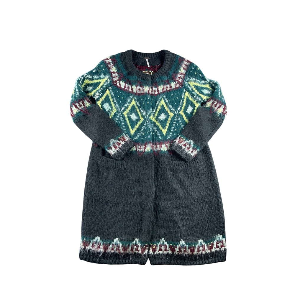 Free People Fair Isle Geometric Diamond Longline Cardigan Sweater Gray Small